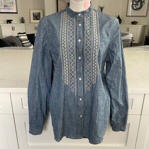 Chaps Denim Boho LS Button Down Embroidered Detail Cotton Shirt Blue + Cream L